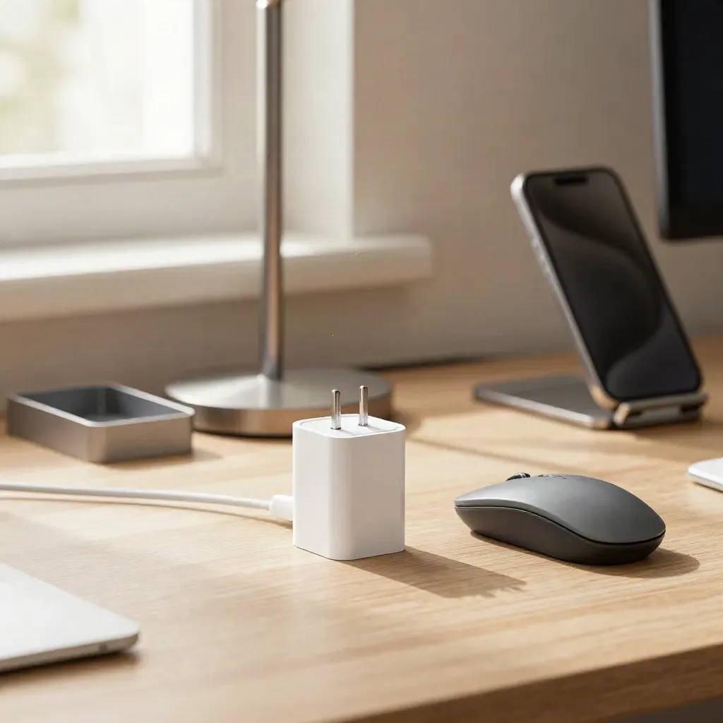 Cargador, lámpara, ratón y soporte móvil sobre mesa premium con luz suave.
