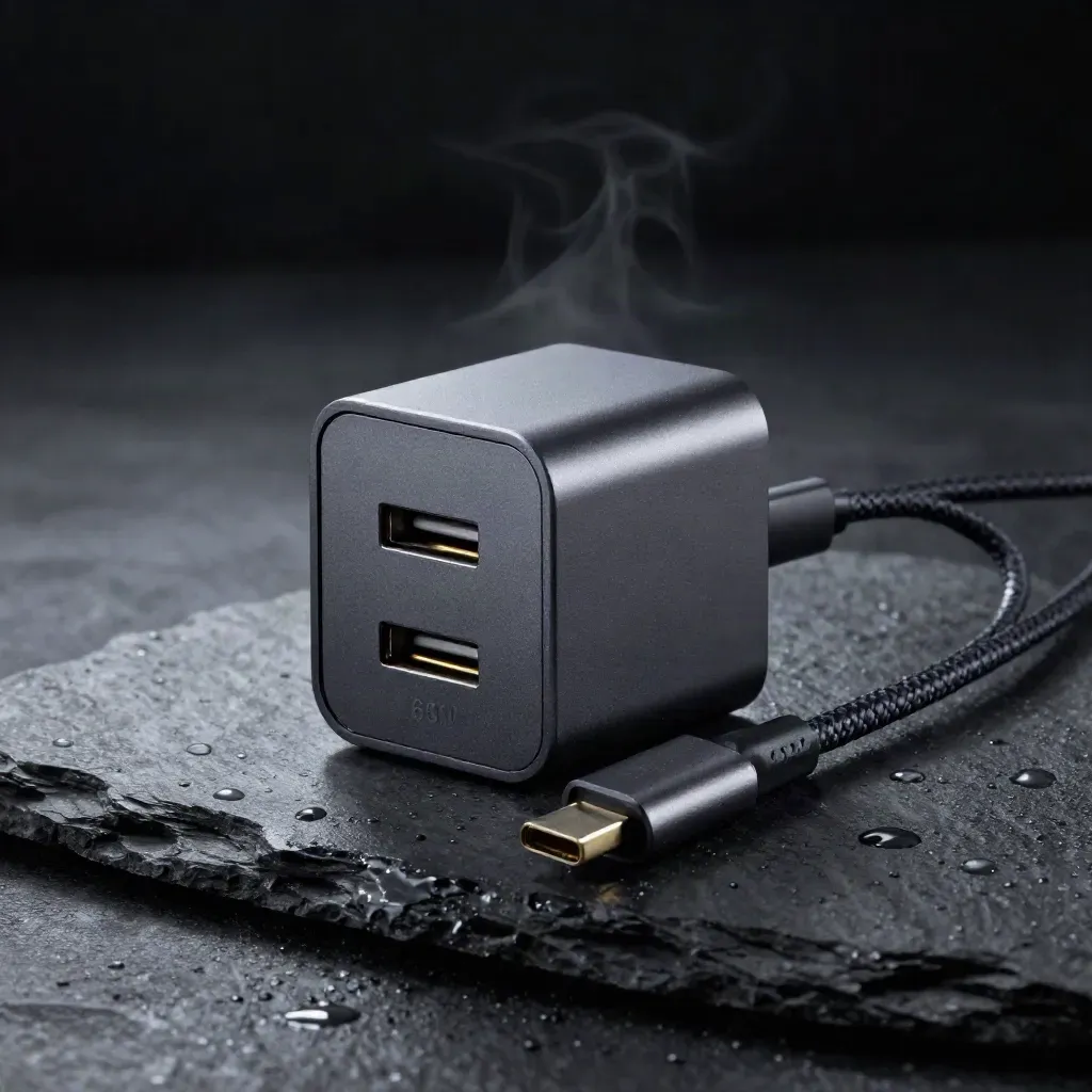 Cargador USB-C GaN 65W mate sobre piedra húmeda con vapor y luz dramática