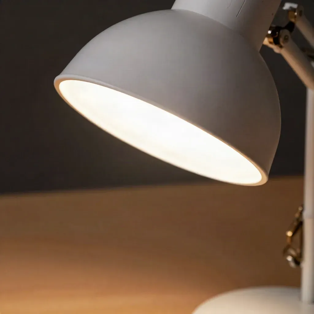 Lámpara LED de escritorio blanca en macro, con luz suave y base compacta sobre fondo oscuro.