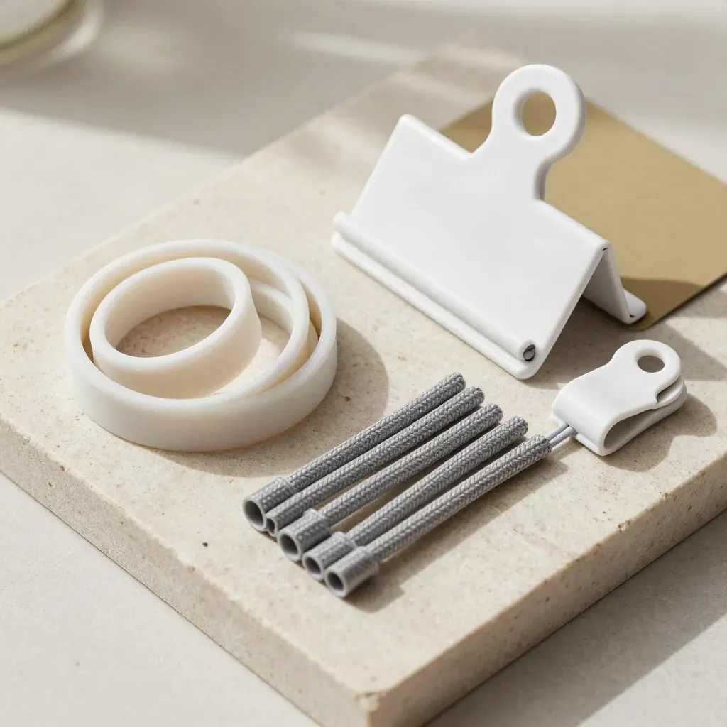 Kit modular blanco para ordenar cables sobre piedra clara, visto cenitalmente.