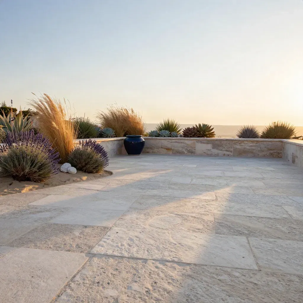 Terraza de piedra al atardecer con plantas secas y cielo limpio, espacio calmado para texto.
